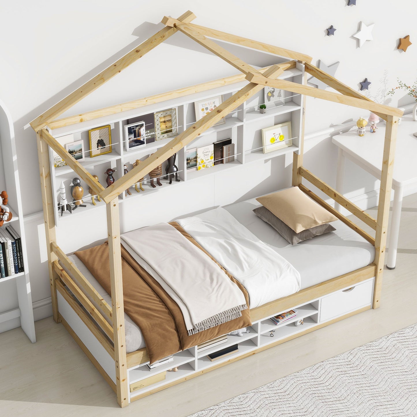 House Bed With Roof Frame, Bedside-Shelves, Under Bed Storage Unit