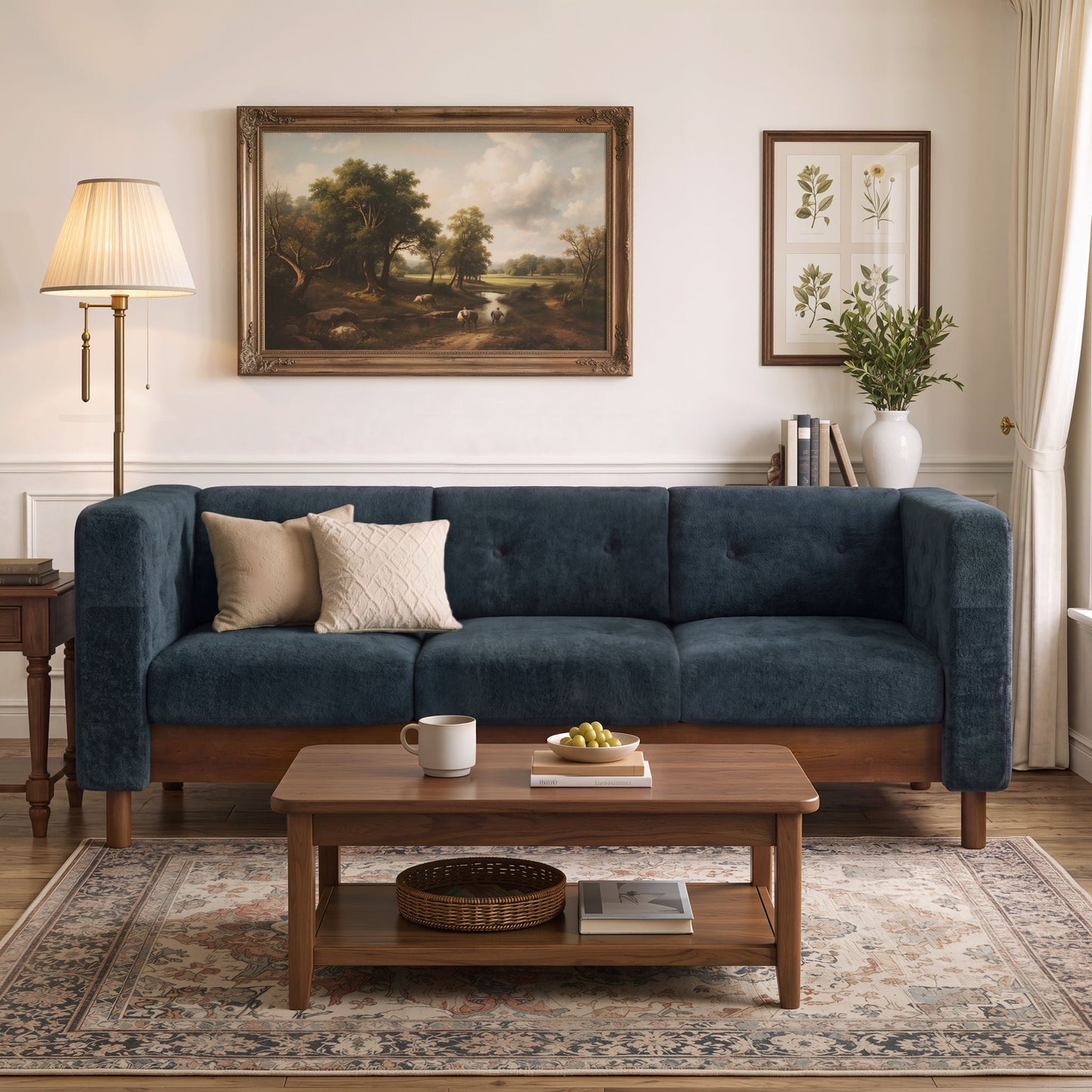 3 Seater Sofa With Square Arms, Tufted Pillow Back For Living Room Noble House