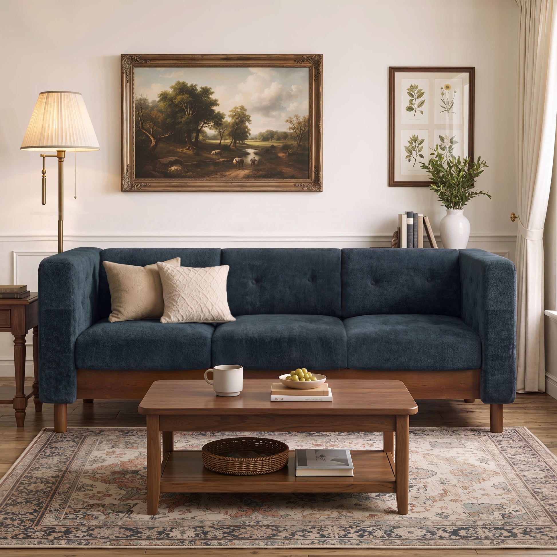3 Seater Sofa With Square Arms, Tufted Pillow Back For Living Room Noble House