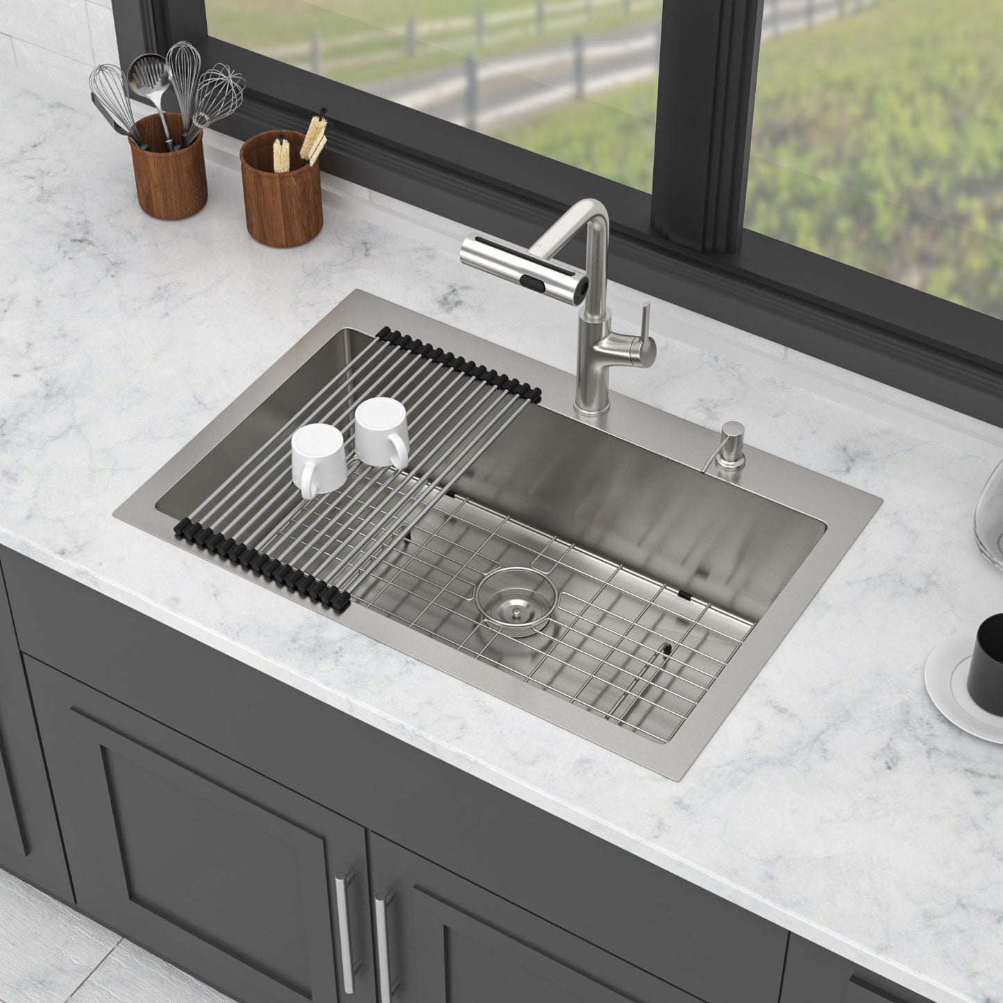 30" Single Bowl Drop In Kitchen Sink With Pull Out Faucet And Soap Dispenser - Brushed Nickel Daily Nest