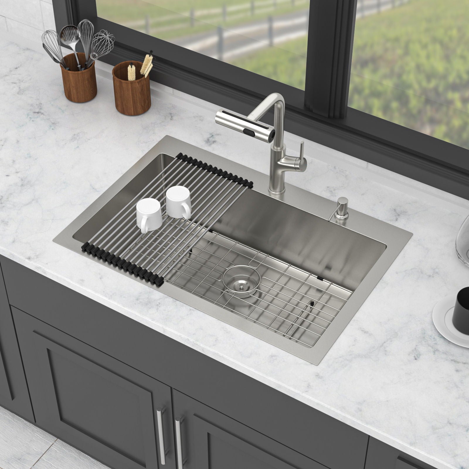 30" Single Bowl Drop In Kitchen Sink With Pull Out Faucet And Soap Dispenser - Brushed Nickel Daily Nest