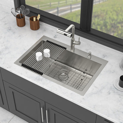 30" Single Bowl Drop In Kitchen Sink With Pull Out Faucet And Soap Dispenser - Brushed Nickel Daily Nest