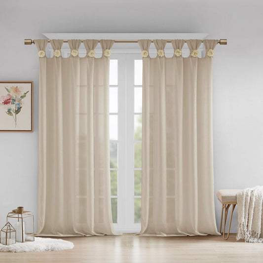 Rosette - 63" Floral Embellished Cuff Tab Top Solid Window Panel - Linen