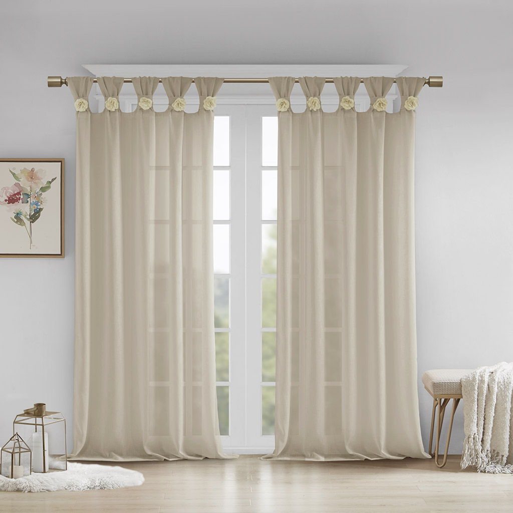 Rosette - 95" Floral Embellished Cuff Tab Top Solid Window Panel - Linen Madison Park