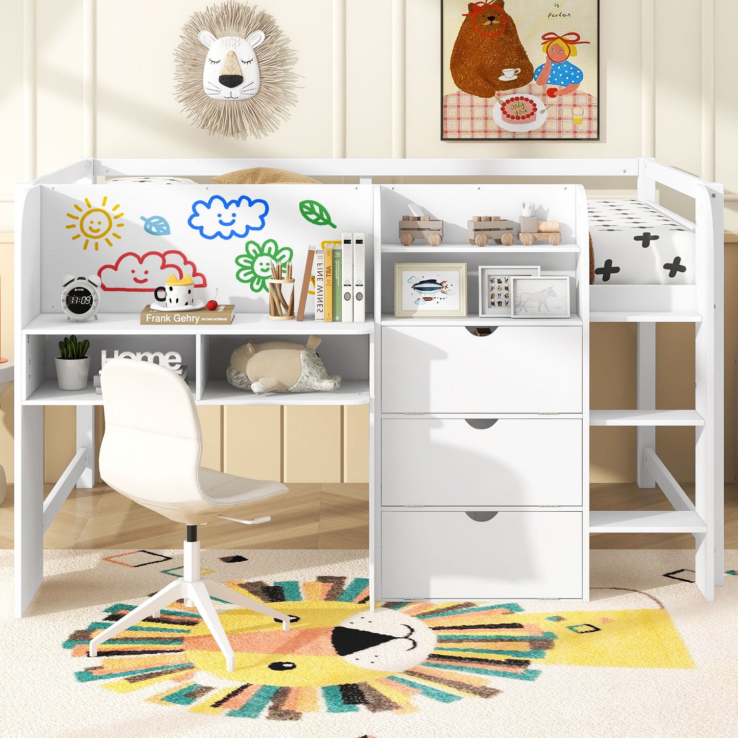 Low Loft Bed With Built In Desk, Storage Cabinets, Open Bookcase And Doodle Blackboard Hearth and Haven