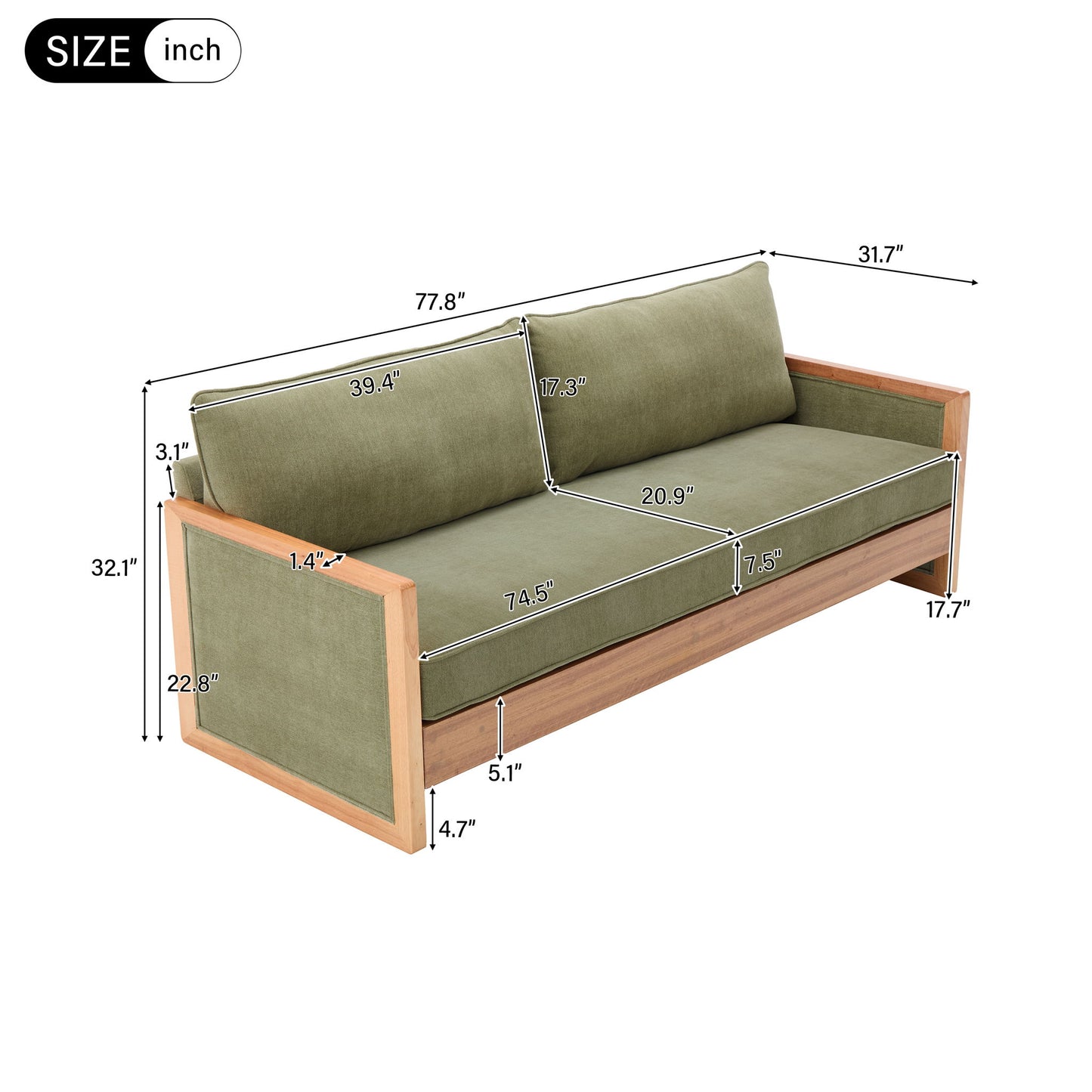 Modern 3 Seater Sofa With Wood Armrests Noble House