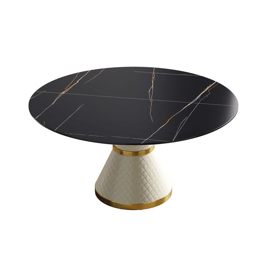 59.05" Modern Artificial Stone Round Carbon Steel Base Dining Table, Can Accommodate 6 People - Black / White Home Essentials