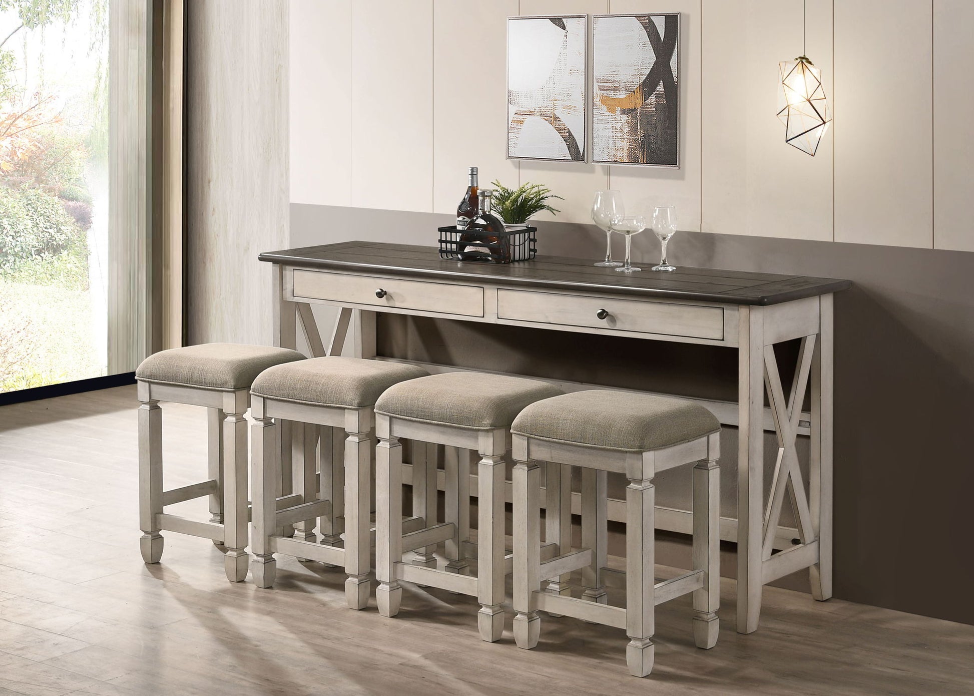 Console Table With 4 Stools - Antique White Bernards Furniture