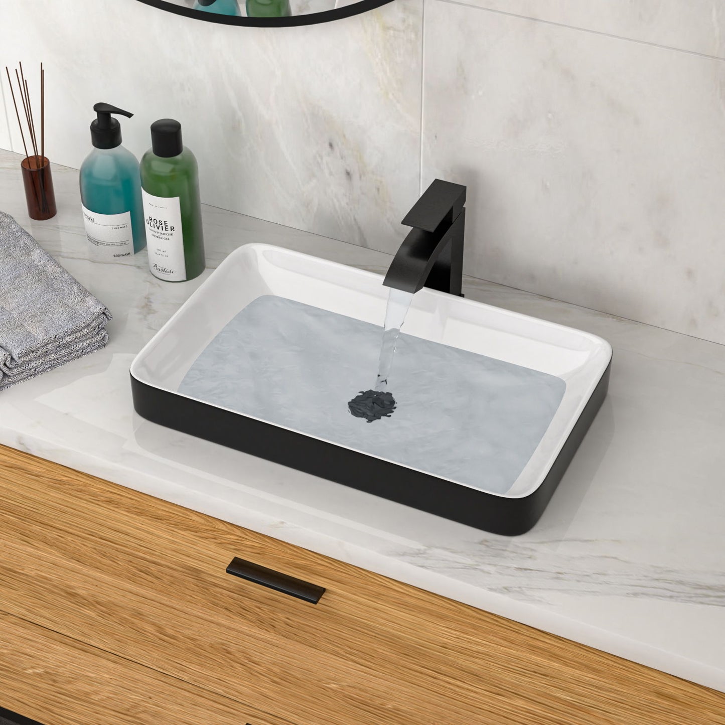 Semi Recessed Bathroom Sink With Vessel Design, Durable Glazed - White / Black Daily Nest