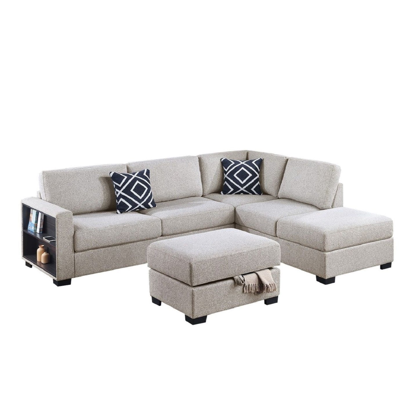 Reversible Sectional Sofa With Built In Shelf And Storage Ottoman, L - Shaped Living Room Furniture Home Essentials