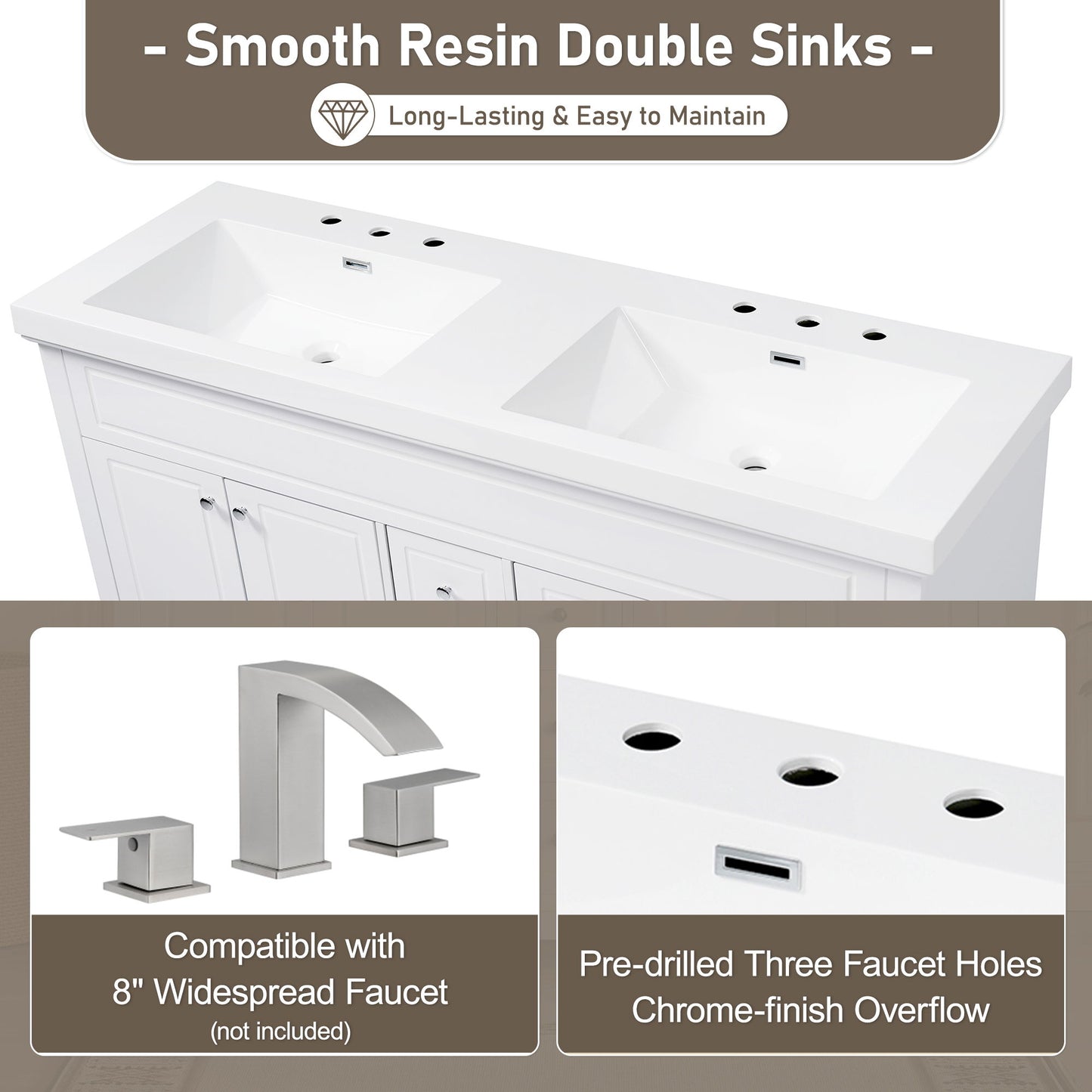 Vanity Top With Undermount Rectangular Double Sinks, Faucet Holes - White Noble House