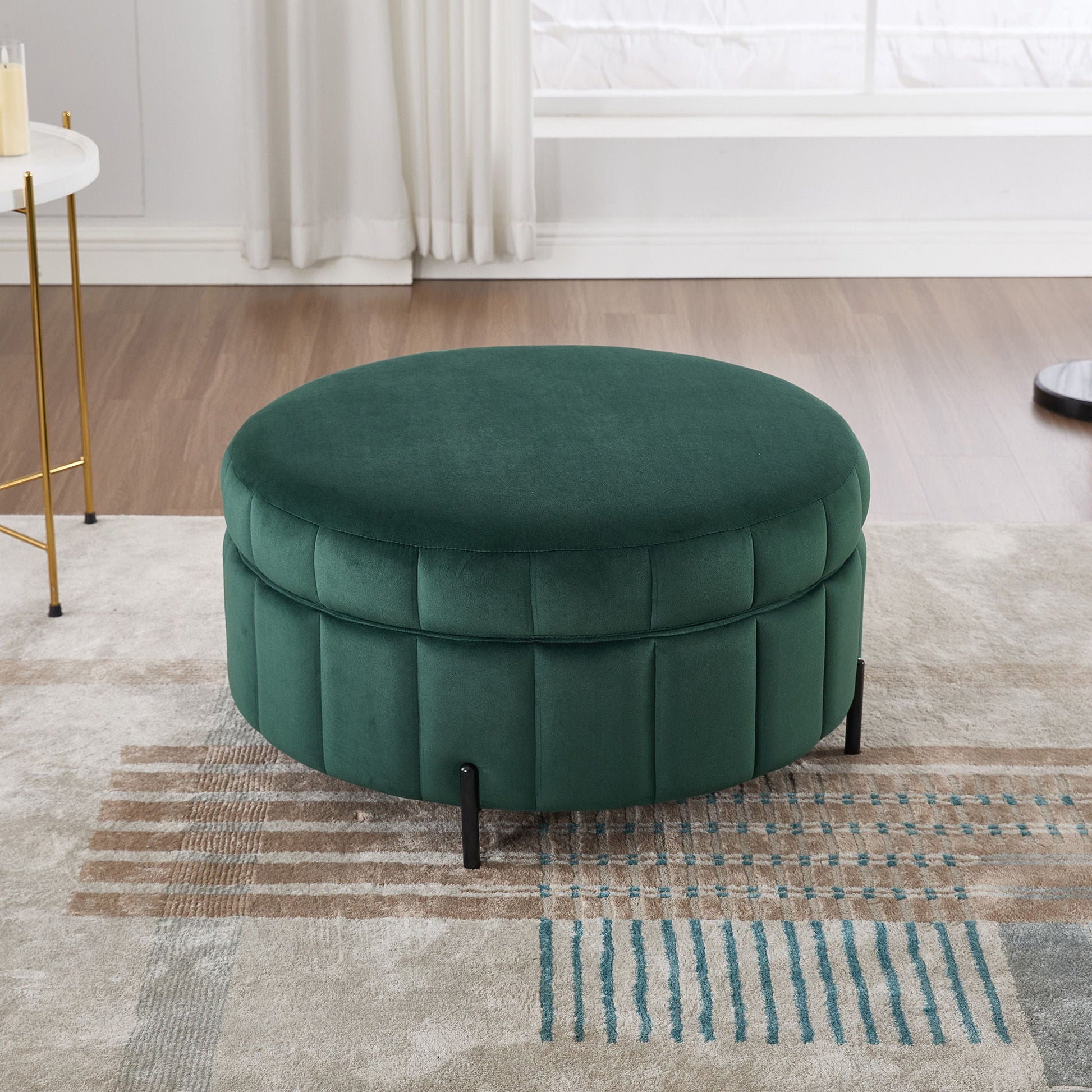 Upholstered Round Ottoman With Reversible Lid, Channel Tufted Pumpkin Shape Home Essentials