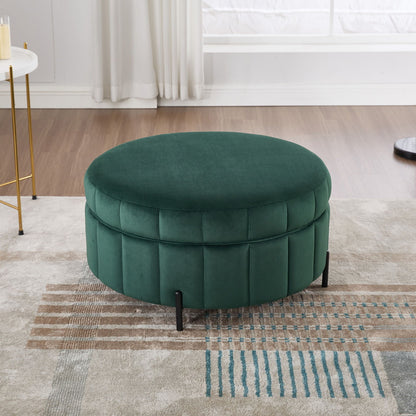 Upholstered Round Ottoman With Reversible Lid, Channel Tufted Pumpkin Shape Home Essentials
