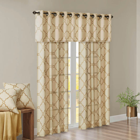 Saratoga - Fretwork Print Grommet Top Window Valance - Beige / Gold Madison Park