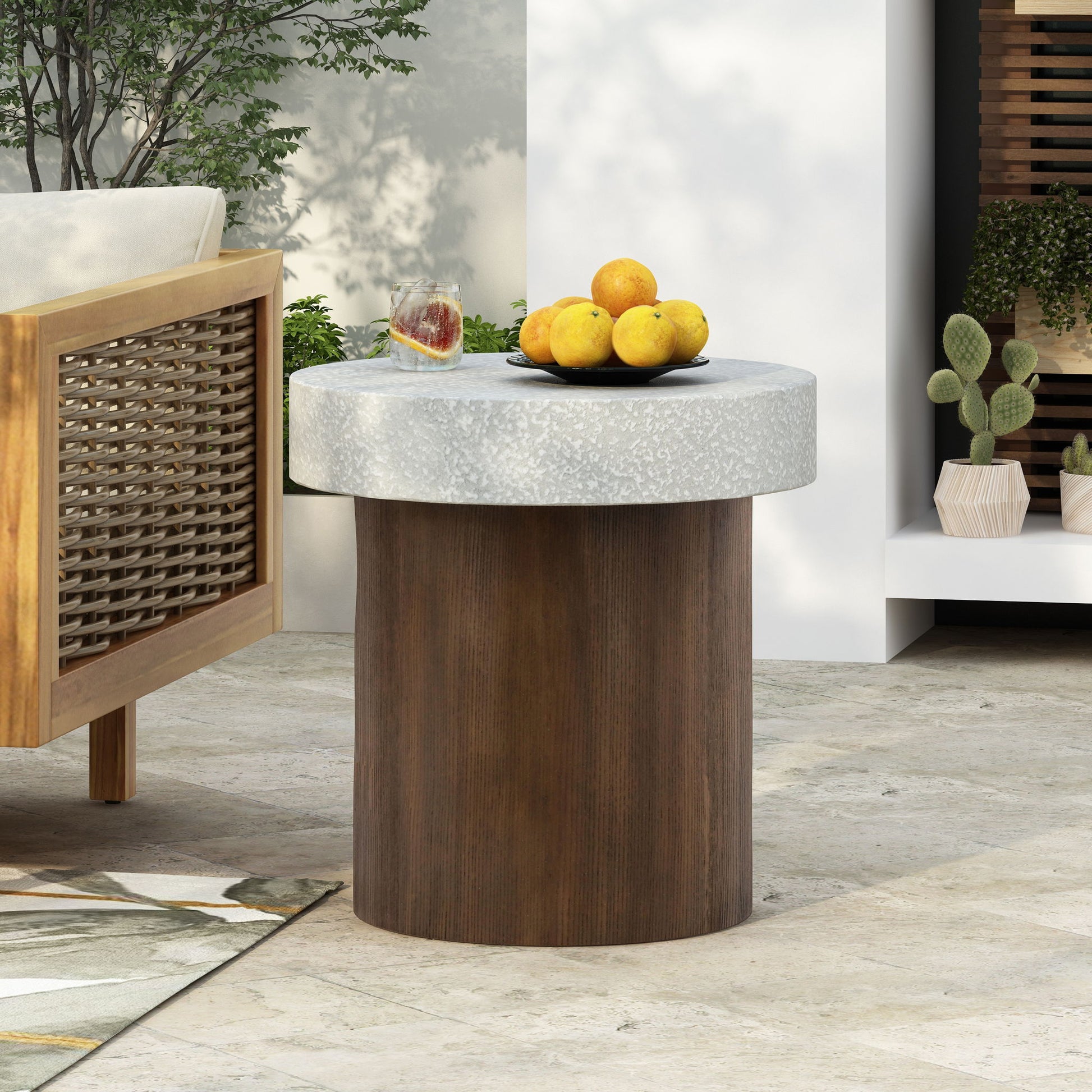 Mgo Cylindrical Side Table With Faux Stone Top And Wood Faux Base - Antique White / Natural Noble House