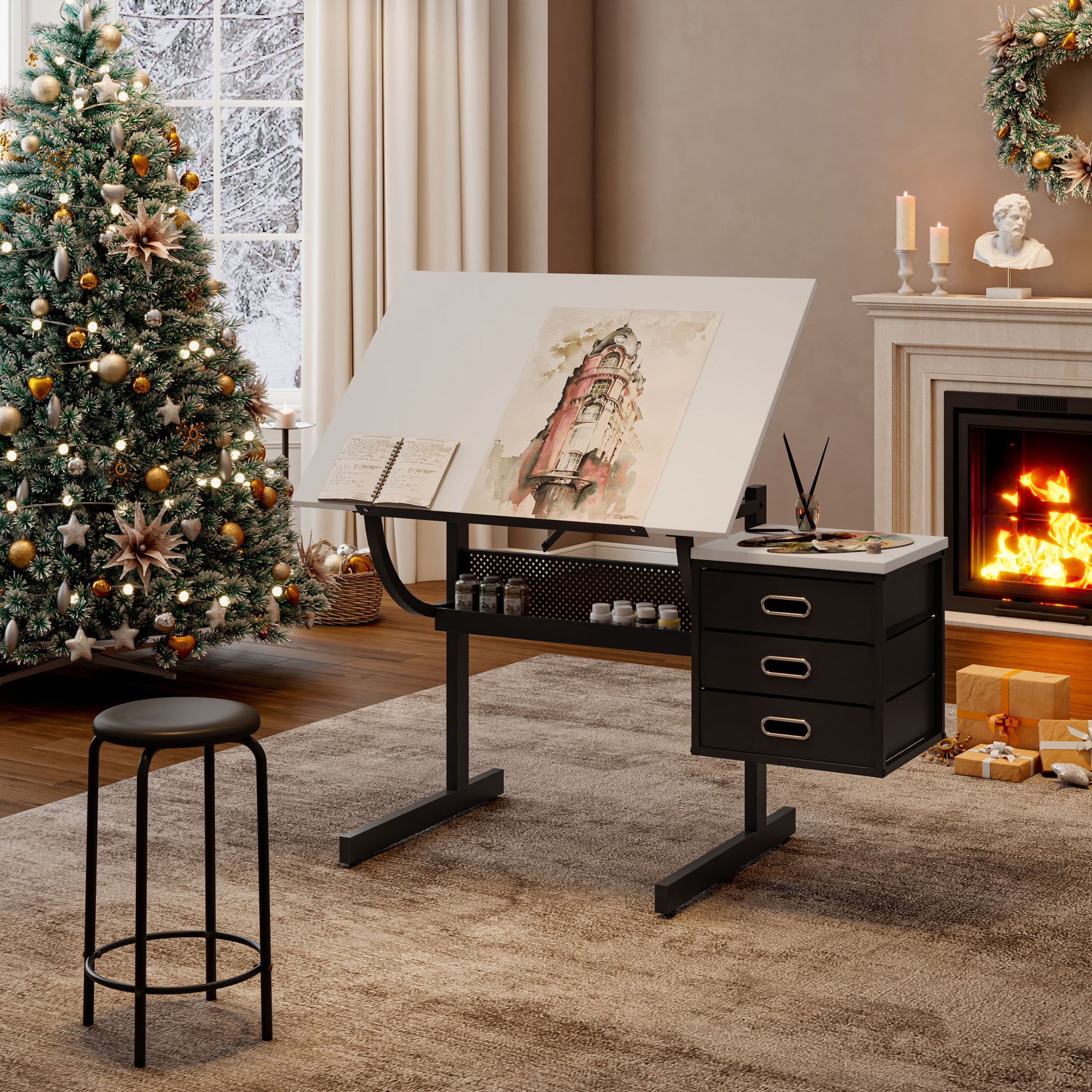 Adjustable Drafting Drawing Table With Stool And 3 Drawers - White / Black Home Essentials