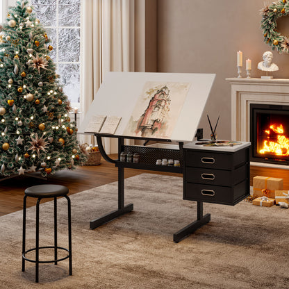 Adjustable Drafting Drawing Table With Stool And 3 Drawers - White / Black Home Essentials