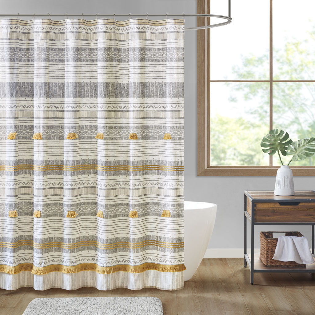 Cody - Cotton Stripe Printed Shower Curtain With Tassel - Gray/Yellow