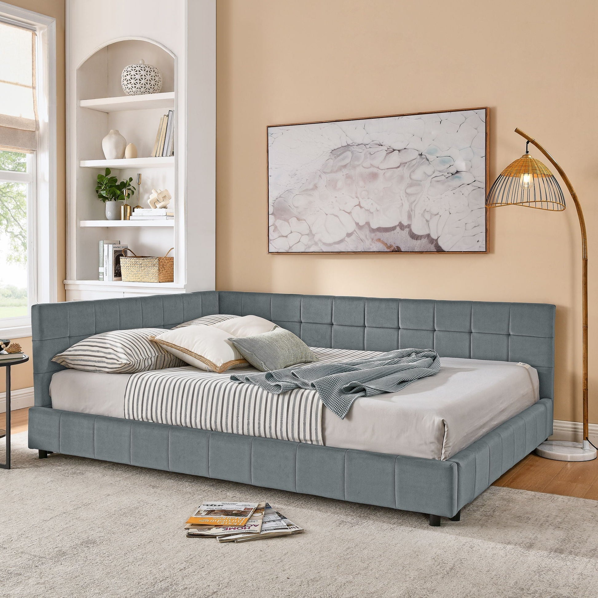 Mid-Century Storage Upholstered Tufted Bed Frame With Backrest And Armrests Home Essentials