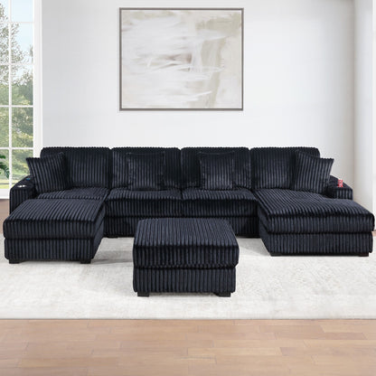 6 Piece Modular U Sectional Sofa Set With USB Cup Holder, Low Leg - Black Home Essentials