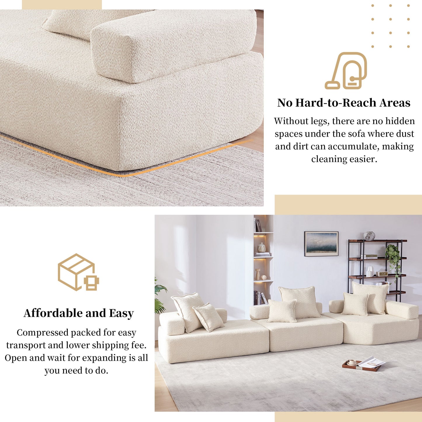 151.5" Oversized Modular Sectional Sofa, Luxury Boucle Floor Couch Set, Convertible Sleeper Couch, Spacious Foam-Filled Sofa Bed For Living Room, 3 Piece Free Combination - Beige