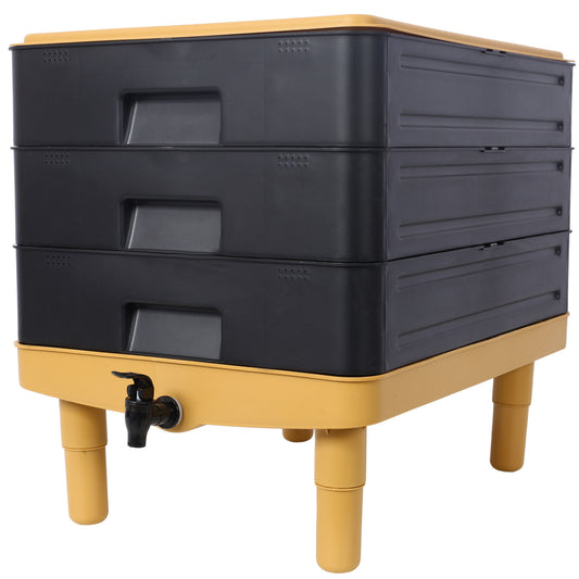 Durable 3 Tray Worm Farm Kit For Efficient Vermicomposting, 65L Capacity - Yellow / Black Daily Nest