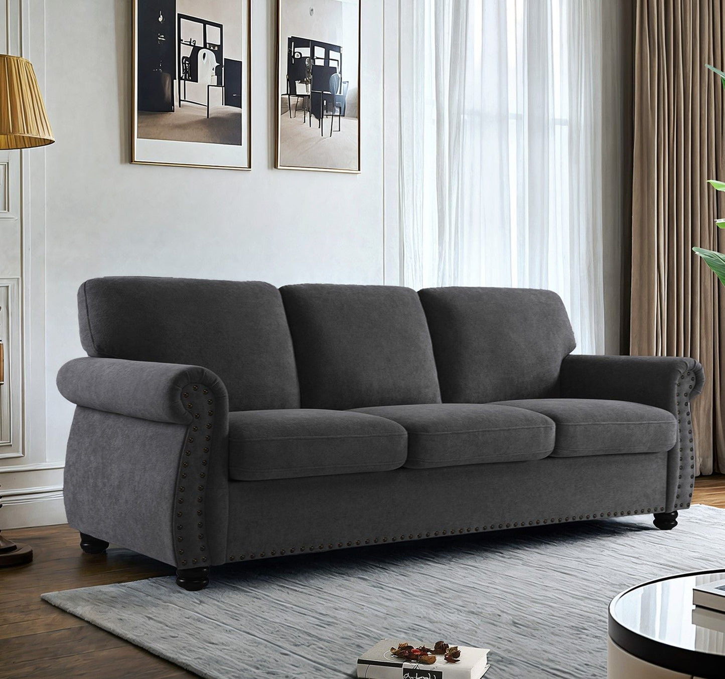 Soft Sofa, Upholstered 3 Seater Couch With High Density Foam, Loose Back Cushions And Turned Legs US Pride