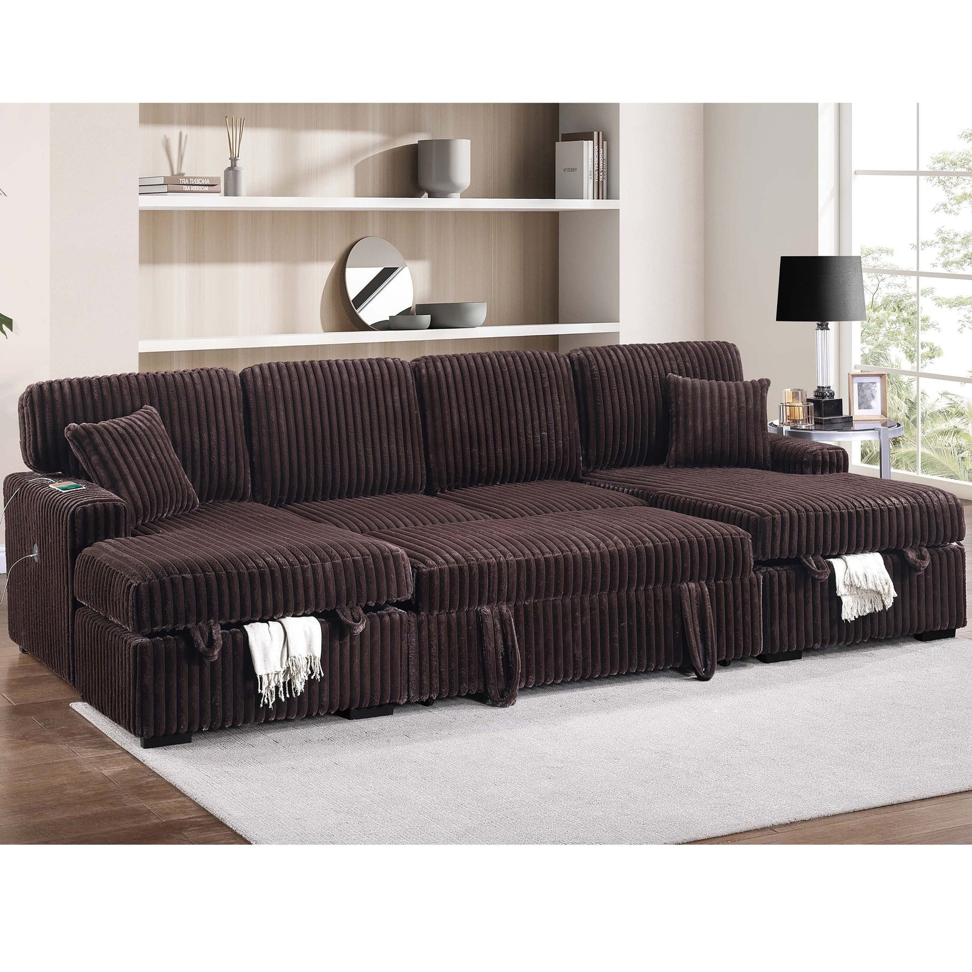 Convertible Sectional Upholstered Sleeper Sofa With Storage Chaise Home Essentials