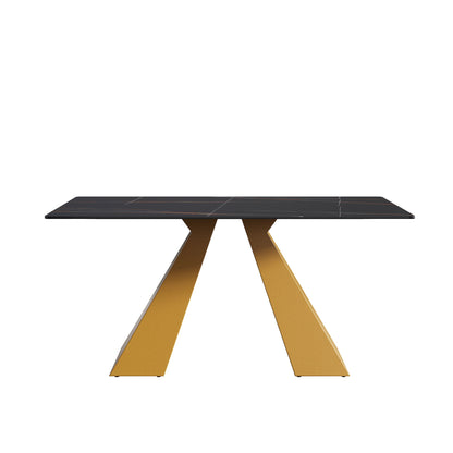 63" Modern Artificial Stone Black Straight Edge Golden Metal Leg Dining Table, 6 People - Black / Gold