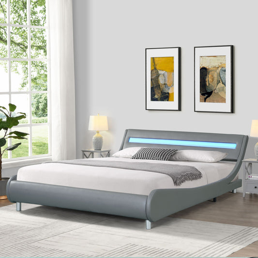 Queen Size Upholstered Platform Bed Frame With LED Lighting, Curve Design, Wood Slat Support, No Box Spring Needed - Gray Home Essentials