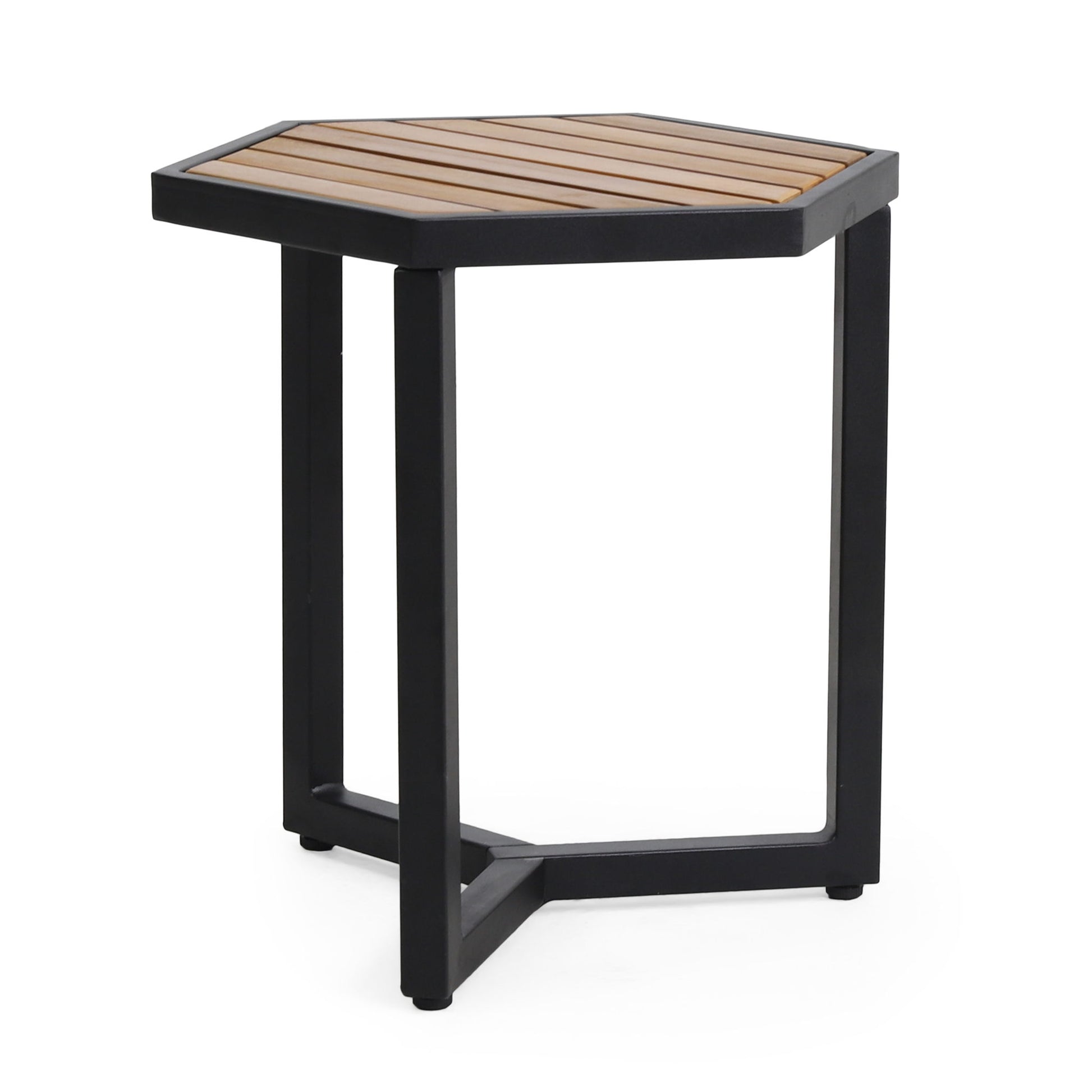 Outdoor Side Table With Iron Base And Slatted Top - Brown Noble House