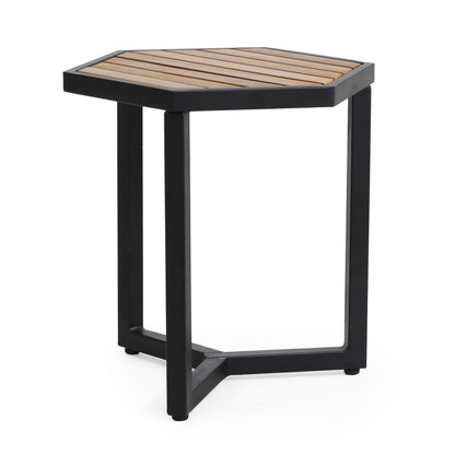 Outdoor Side Table With Iron Base And Slatted Top - Brown Noble House