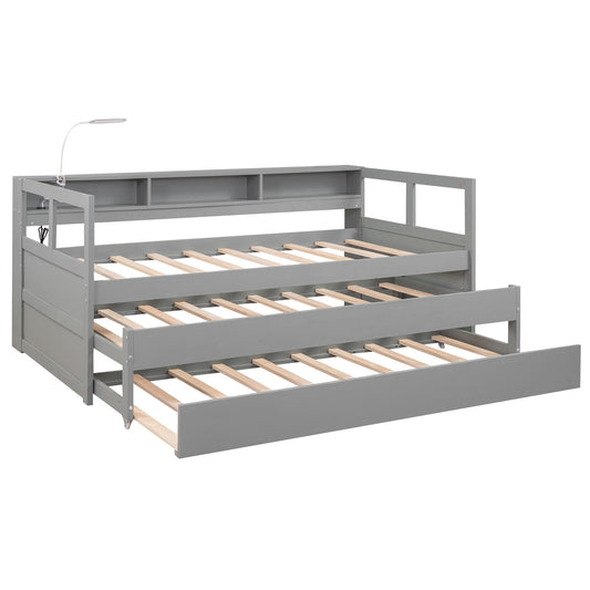 Daybed With 2 Trundles, 3 Storage Cubbies, Built In USB Charging Light Hearth and Haven