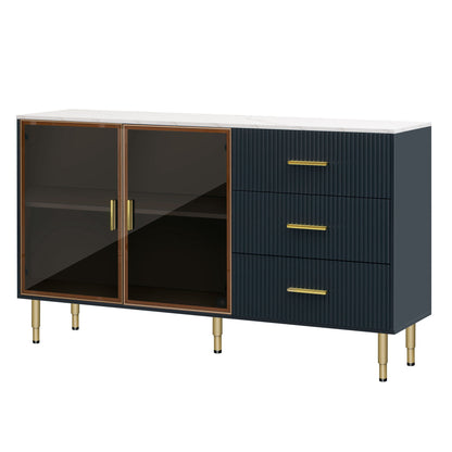 Modern Sideboard Buffet Cabinet Marble Sticker Tabletop And Amber-Yellow Tempered Glass Doors With Gold Metal Legs & Handles Hearth and Haven