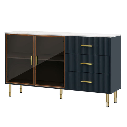 Modern Sideboard Buffet Cabinet Marble Sticker Tabletop And Amber-Yellow Tempered Glass Doors With Gold Metal Legs & Handles Hearth and Haven