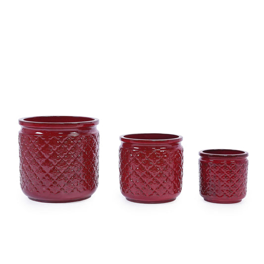 3 Pieces Ceramic Flowerpot, Planter For Patio & Garden Or Windowsills - Bean Paste Red Daily Nest