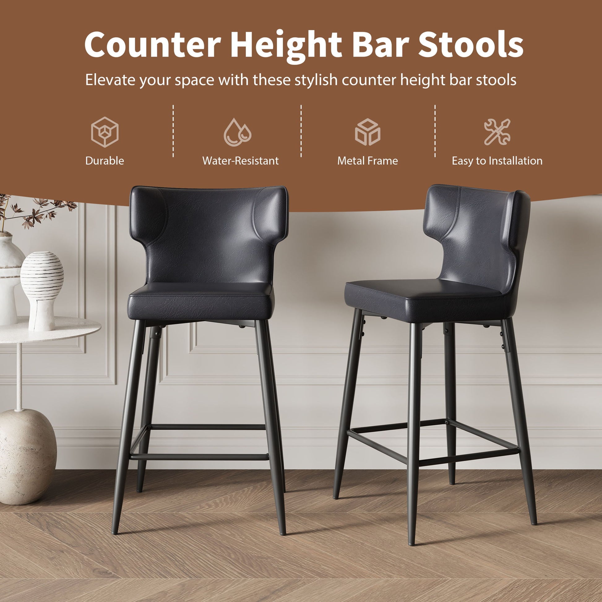 Modern Bar Stools With Upholstery And Metal Footrest (Set of 2) Noble House