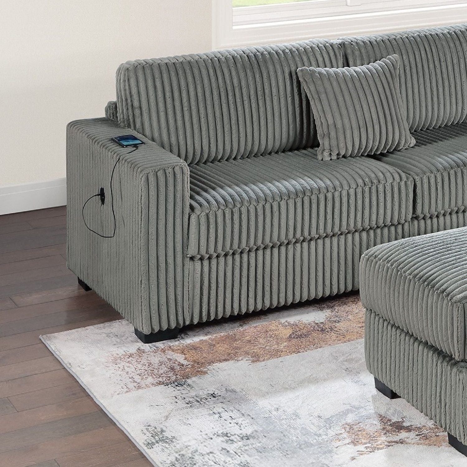 3 Piece Sectional Sofa With Reversible Chaise And USB Storage Ottoman Home Essentials