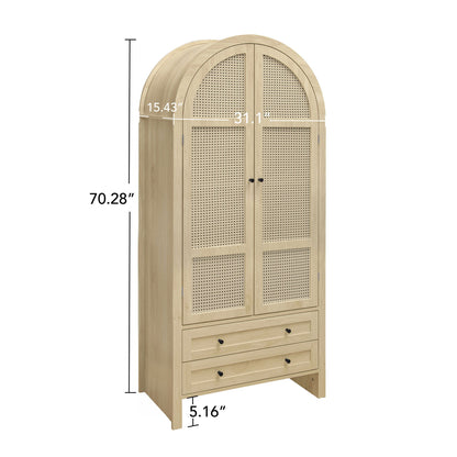 Tall Arched Kitchen Pantry, Arched Storage Display Cabinet With 2 Drawers & Adjustable Shelves, Rattan Door Versatile Storage Cabinet For Kitchen, Dining Room, Living Room - Natural Home Essentials