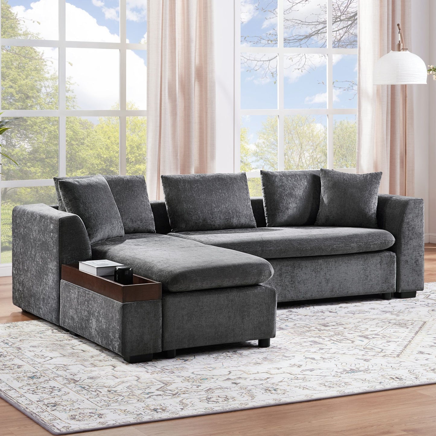 Modern L Shaped Sectional Sofa With Chenille Upholstery And Wooden Storage Hearth and Haven