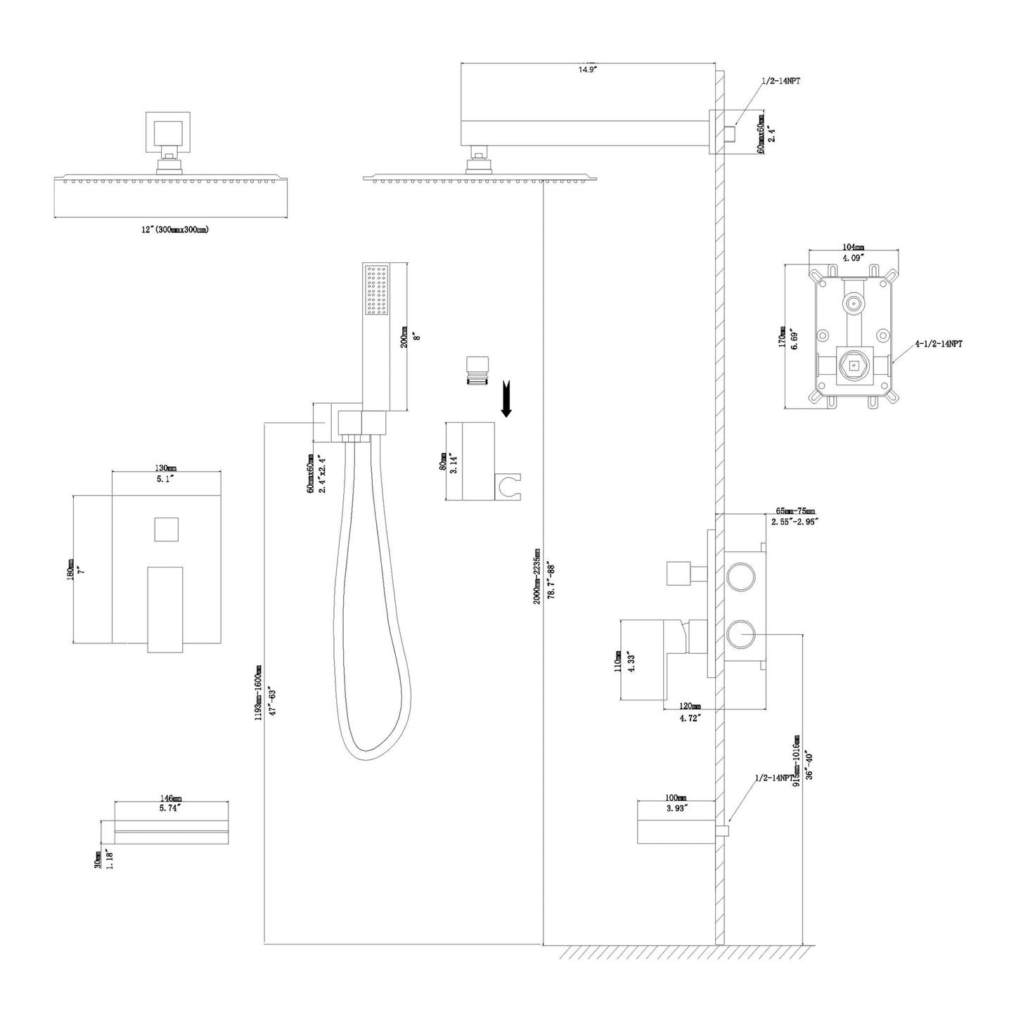 12" Ceiling Mount Square Shower System With Waterfall Tub Spout And Handheld Shower Daily Nest