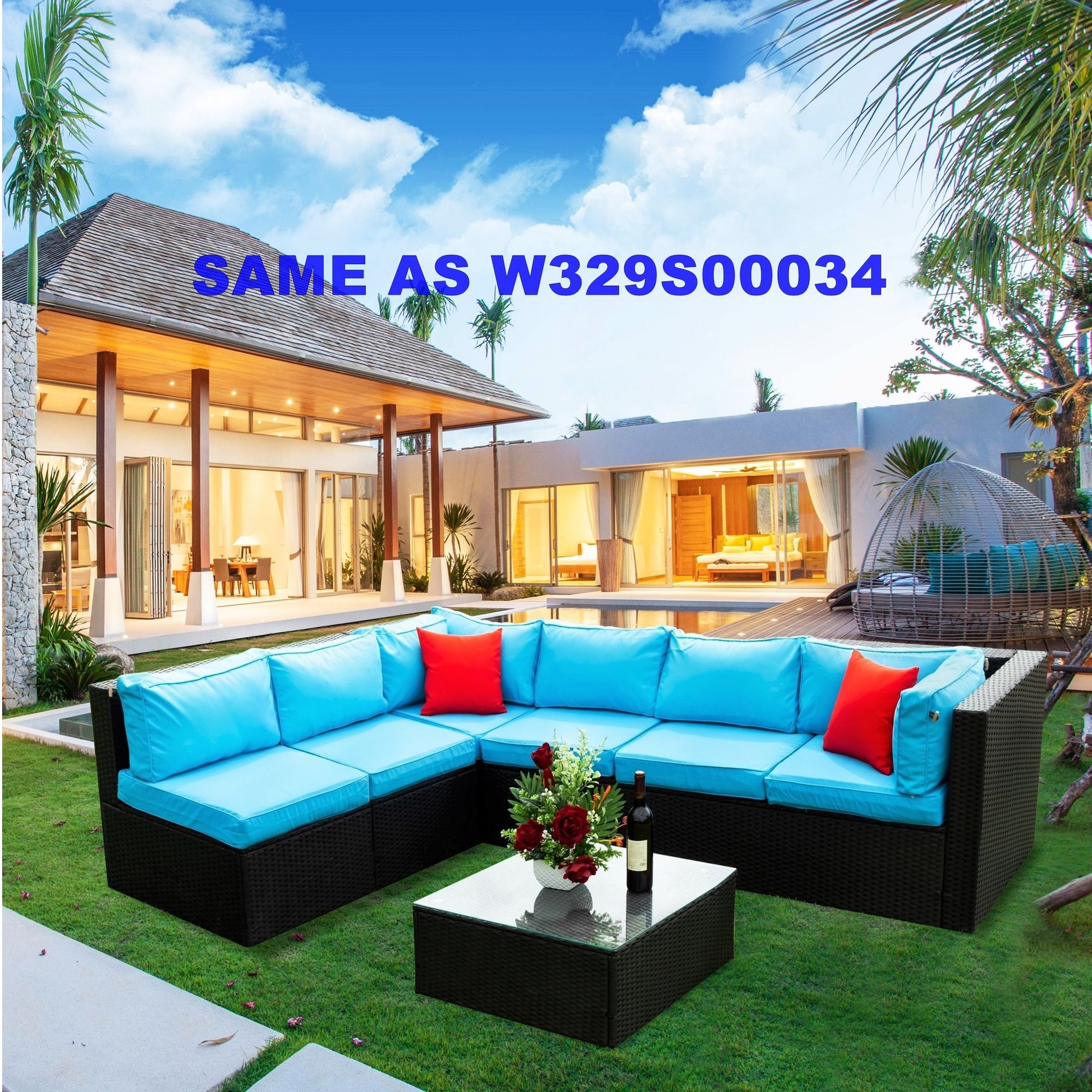 5 Pieces Rattan Sectional Outdoor Furniture Cushioned U Sof Set With 2 Pillow - Black / Blue Home Essentials