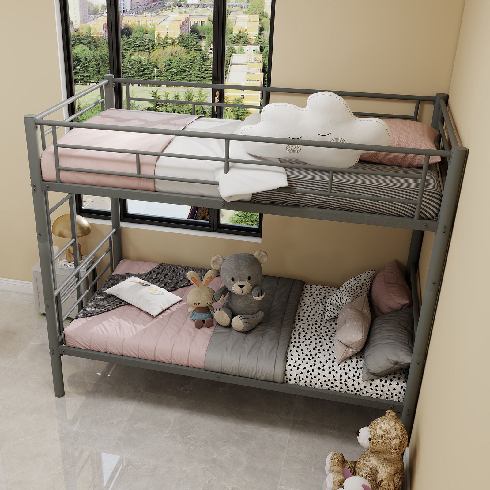 Metal Bunk Bed For Kids, Convertible Bedframe With Ladders & Guardrail Home Essentials