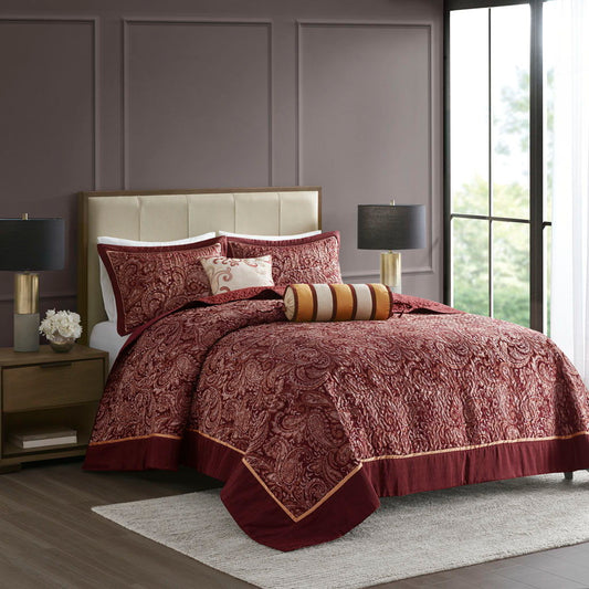 Aubrey - 5 Piece Jacquard Bedspread Set With Throw Pillows - Dark Red