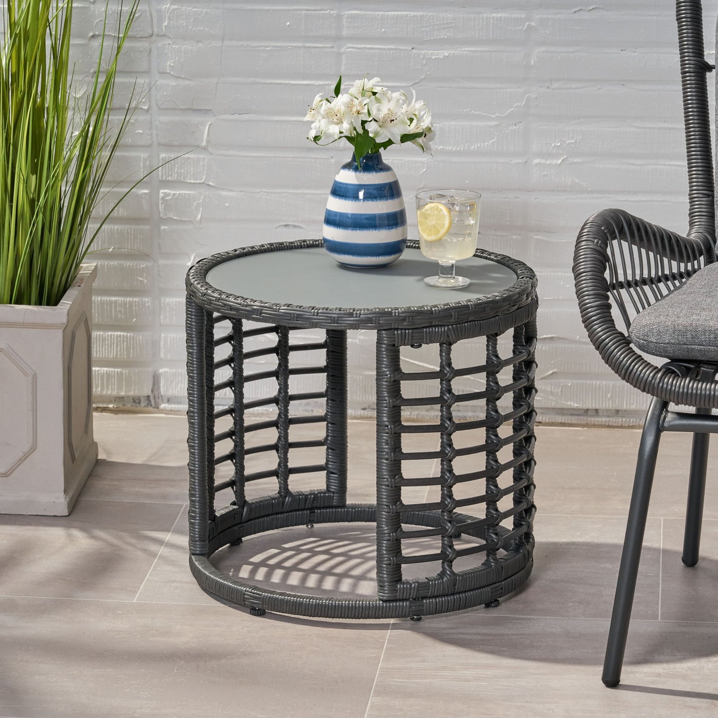 Achill - Outdoor Modern Boho Wicker Side Table With Glass Top - Gray Noble House