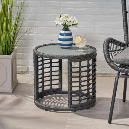 Achill - Outdoor Modern Boho Wicker Side Table With Glass Top - Gray Noble House