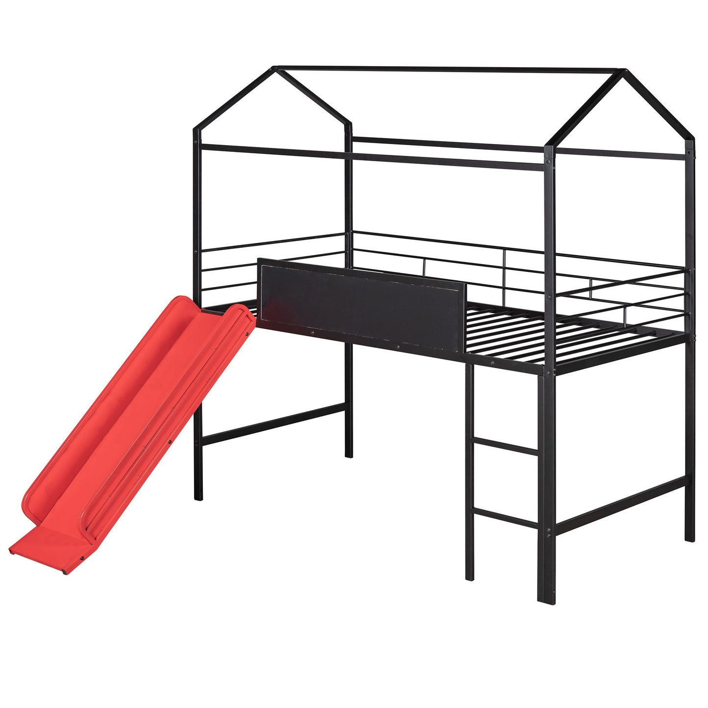 Twin Metal Loft Bed With Slide And 2 Sided Writable Wooden Board - Black DreamHaus
