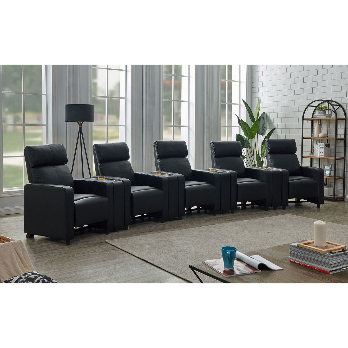 Warren - 5 Seater Home Theater With 4 Wedge Consoles Recliners And Storage Consoles - Black Furniture Max