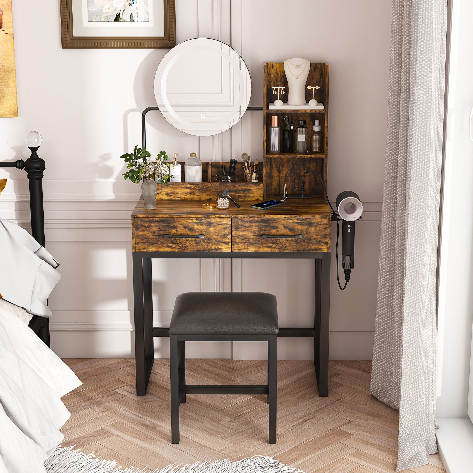 Makeup Vanity Table With LED Lights, 3 Color Options, Power Outlet Home Essentials