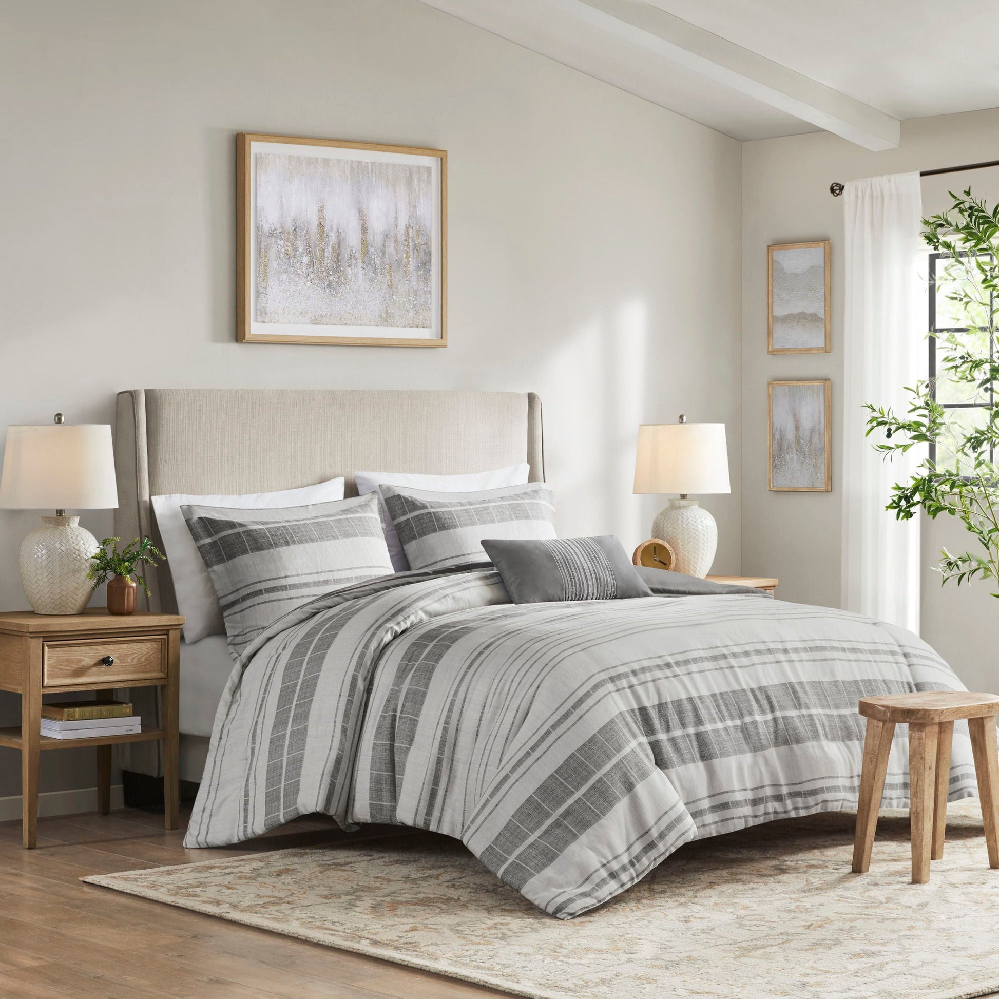 Rhodes - 4 Piece Stripe Comforter Set With Throw Pillow - Gray/Multi Madison Park